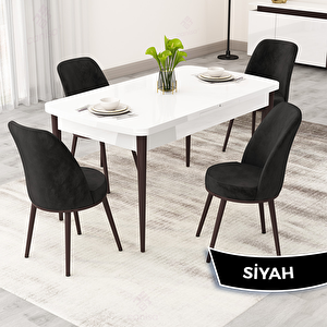 Rax Serisi 80x132 Açılabilir Beyaz Masa Ceviz Ayak Mutfak Masası Takımı Ve 4 Siyah Sandalye Siyah