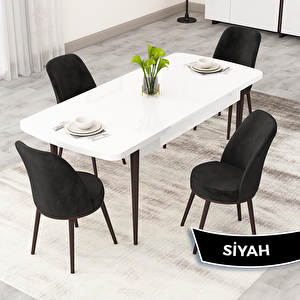 Rax Serisi 80x132 Açılabilir Beyaz Masa Ceviz Ayak Mutfak Masası Takımı Ve 4 Siyah Sandalye Siyah