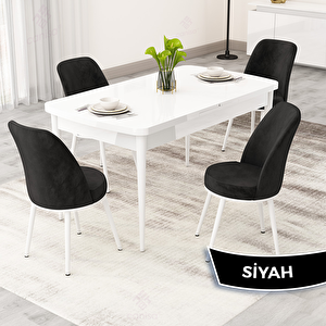 Rax Serisi 80x132 Açılabilir Beyaz Mutfak Masası Takımı Ve 4 Siyah Sandalye Siyah