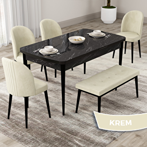 Roe Serisi 80x132 Açılabilir Siyah Mermer Desen Mutfak Masası Takımı Ve 4 Krem Sandalye Ve 1 Bench Krem