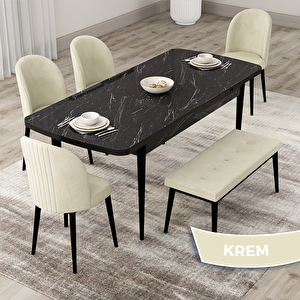 Roe Serisi 80x132 Açılabilir Siyah Mermer Desen Mutfak Masası Takımı Ve 4 Krem Sandalye Ve 1 Bench Krem