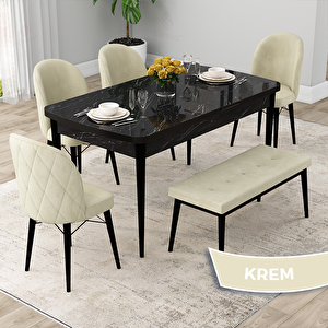 Rut Serisi 80x132 Açılabilir Siyah Mermer Desen Mutfak Masası Takımı Ve 4 Krem Sandalye Ve 1 Bench Krem