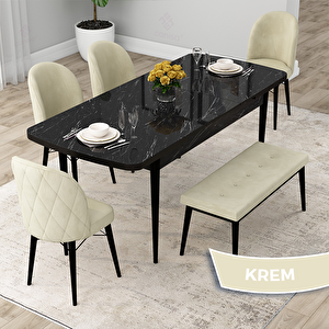 Rut Serisi 80x132 Açılabilir Siyah Mermer Desen Mutfak Masası Takımı Ve 4 Krem Sandalye Ve 1 Bench Krem