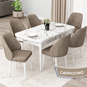 Orf Serisi 80x132 Açılabilir Beyaz Mermer Desen Mutfak Masası Takımı Ve 6 Cappucino Sandalye Cappucino