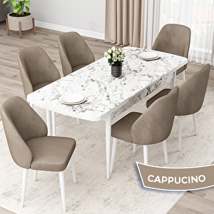 Orf Serisi 80x132 Açılabilir Beyaz Mermer Desen Mutfak Masası Takımı Ve 6 Cappucino Sandalye Cappucino