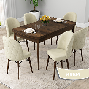 Rut Serisi 80x132 Açılabilir Barok Ahşap Desen Mutfak Masası Takımı Ve 6 Krem Sandalye Krem