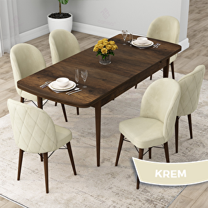 Rut Serisi 80x132 Açılabilir Barok Ahşap Desen Mutfak Masası Takımı Ve 6 Krem Sandalye Krem