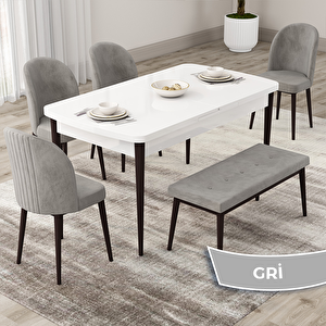 Roe Serisi 80x132 Açılabilir Beyaz Masa Ceviz Ayak Mutfak Masası Takımı Ve 4 Gri Sandalye Ve 1 Bench Gri