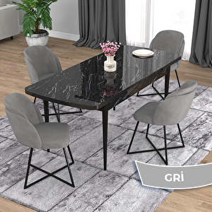 Oga Serisi 80x132 Açılabilir Siyah Mermer Desen Mutfak Masası Takımı Ve 4 Gri Sandalye Gri