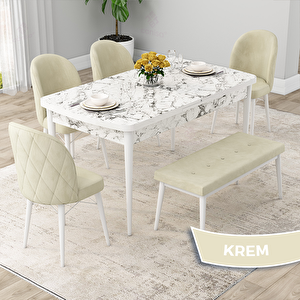 Rut Serisi 80x132 Açılabilir Beyaz Mermer Desen Mutfak Masası Takımı Ve 4 Krem Sandalye Ve 1 Bench Krem
