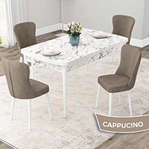 Due Serisi 80x132 Açılabilir Beyaz Mermer Desen Mutfak Masası Takımı Ve 4 Cappucino Sandalye Cappucino
