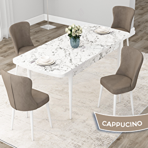 Due Serisi 80x132 Açılabilir Beyaz Mermer Desen Mutfak Masası Takımı Ve 4 Cappucino Sandalye Cappucino