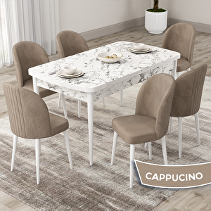 Roe Serisi 80x132 Açılabilir Beyaz Mermer Desen Mutfak Masası Takımı Ve 6 Cappucino Sandalye Cappucino