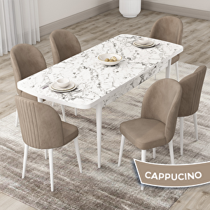 Roe Serisi 80x132 Açılabilir Beyaz Mermer Desen Mutfak Masası Takımı Ve 6 Cappucino Sandalye Cappucino