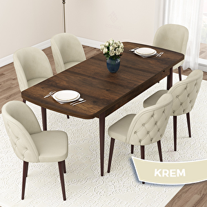 Jae Serisi 80x132 Açılabilir Barok Ahşap Desen Mutfak Masası Takımı Ve 6 Krem Sandalye Krem