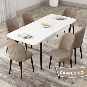 Roe Serisi 80x132 Açılabilir Beyaz Masa Ceviz Ayak Mutfak Masası Takımı Ve 6 Cappucino Sandalye Cappucino