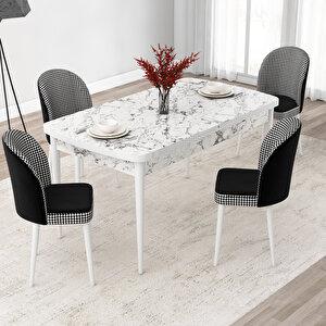 Jul Serisi 80x132 Açılabilir Beyaz Mermer Desen Mutfak Masası Takımı Ve 4 Kazayağı Desen Sandalye