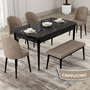 Roe Serisi 80x132 Açılabilir Siyah Mermer Desen Mutfak Masası Takımı Ve 4 Cappucino Sandalye Ve 1 Bench Cappucino
