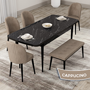 Roe Serisi 80x132 Açılabilir Siyah Mermer Desen Mutfak Masası Takımı Ve 4 Cappucino Sandalye Ve 1 Bench Cappucino