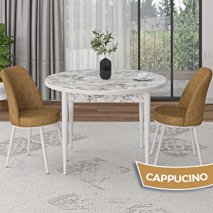 Tor Serisi Yuvarlak Beyaz Mermer Desen Mutfak Masası Takımı Ve 2 Cappucino Sandalye Cappucino