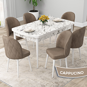 Rut Serisi 80x132 Açılabilir Beyaz Mermer Desen Mutfak Masası Takımı Ve 6 Cappucino Sandalye Cappucino
