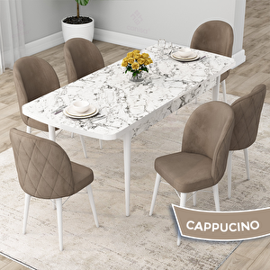 Rut Serisi 80x132 Açılabilir Beyaz Mermer Desen Mutfak Masası Takımı Ve 6 Cappucino Sandalye Cappucino