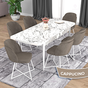 Oga Serisi 80x132 Açılabilir Beyaz Mermer Desen Mutfak Masası Takımı Ve 6 Cappucino Sandalye Cappucino
