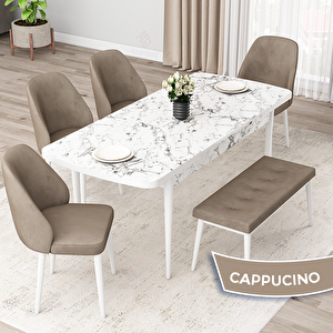 Orf Serisi 80x132 Açılabilir Beyaz Mermer Desen Mutfak Masası Takımı Ve 4 Cappucino Sandalye Ve 1 Bench Cappucino