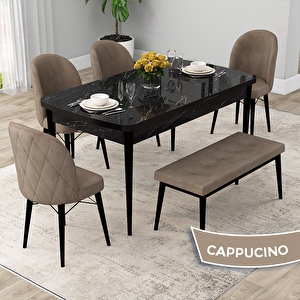 Rut Serisi 80x132 Açılabilir Siyah Mermer Desen Mutfak Masası Takımı Ve 4 Cappucino Sandalye Ve 1 Bench Cappucino
