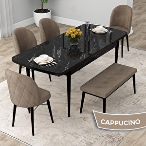 Rut Serisi 80x132 Açılabilir Siyah Mermer Desen Mutfak Masası Takımı Ve 4 Cappucino Sandalye Ve 1 Bench Cappucino