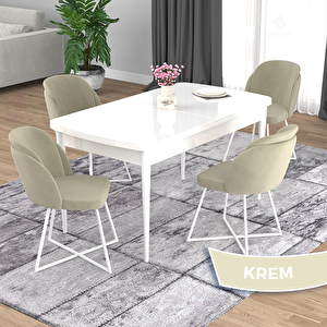 Oga Serisi 80x132 Açılabilir Beyaz Mutfak Masası Takımı Ve 4 Krem Sandalye Krem