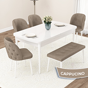 Jae Serisi 80x132 Açılabilir Beyaz Mutfak Masası Takımı Ve 4 Cappucino Sandalye Ve 1 Bench Cappucino