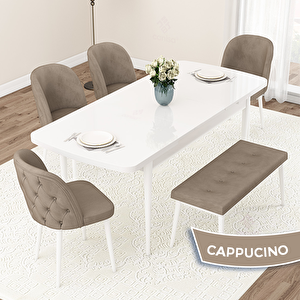 Jae Serisi 80x132 Açılabilir Beyaz Mutfak Masası Takımı Ve 4 Cappucino Sandalye Ve 1 Bench Cappucino