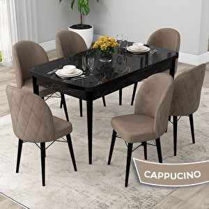 Rut Serisi 80x132 Açılabilir Siyah Mermer Desen Mutfak Masası Takımı Ve 6 Cappucino Sandalye Cappucino