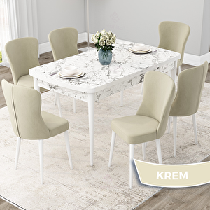Due Serisi 80x132 Açılabilir Beyaz Mermer Desen Mutfak Masası Takımı Ve 6 Krem Sandalye Krem