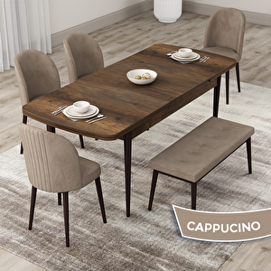 Roe Serisi 80x132 Açılabilir Barok Ahşap Desen Mutfak Masası Takımı Ve 4 Cappucino Sandalye Ve 1 Bench Cappucino