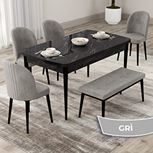 Roe Serisi 80x132 Açılabilir Siyah Mermer Desen Mutfak Masası Takımı Ve 4 Gri Sandalye Ve 1 Bench Gri