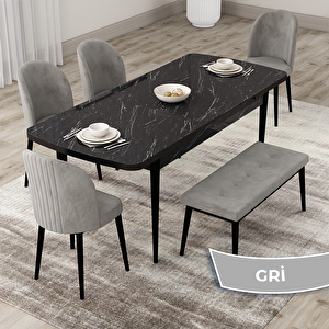 Roe Serisi 80x132 Açılabilir Siyah Mermer Desen Mutfak Masası Takımı Ve 4 Gri Sandalye Ve 1 Bench Gri