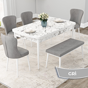 Due Serisi 80x132 Açılabilir Beyaz Mermer Desen Mutfak Masası Takımı Ve 4 Gri Sandalye Ve 1 Bench Gri
