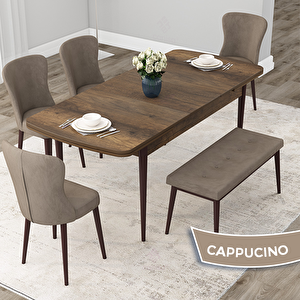 Due Serisi 80x132 Açılabilir Barok Ahşap Desen Mutfak Masası Takımı Ve 4 Cappucino Sandalye Ve 1 Bench Cappucino
