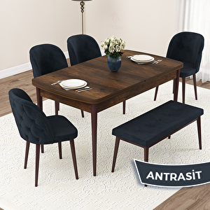 Jae Serisi 80x132 Açılabilir Barok Ahşap Desen Mutfak Masası Takımı Ve 4 Antrasit Sandalye Ve 1 Bench Antrasit