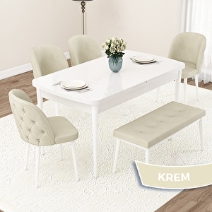Jae Serisi 80x132 Açılabilir Beyaz Mutfak Masası Takımı Ve 4 Krem Sandalye Ve 1 Bench Krem
