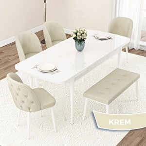 Jae Serisi 80x132 Açılabilir Beyaz Mutfak Masası Takımı Ve 4 Krem Sandalye Ve 1 Bench Krem