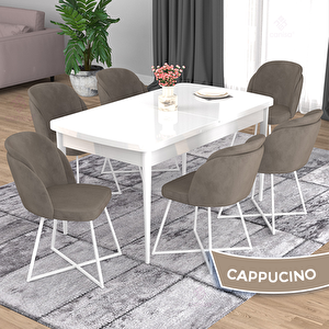 Oga Serisi 80x132 Açılabilir Beyaz Mutfak Masası Takımı Ve 6 Cappucino Sandalye Cappucino
