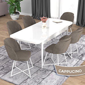Oga Serisi 80x132 Açılabilir Beyaz Mutfak Masası Takımı Ve 6 Cappucino Sandalye Cappucino
