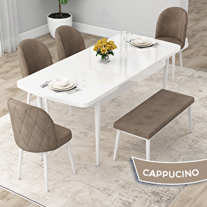 Rut Serisi 80x132 Açılabilir Beyaz Mutfak Masası Takımı Ve 4 Cappucino Sandalye Ve 1 Bench Cappucino