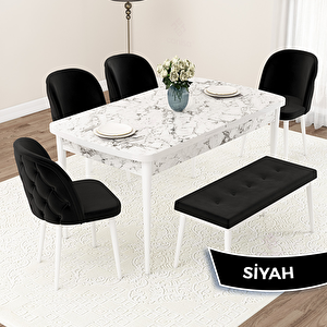 Jae Serisi 80x132 Açılabilir Beyaz Mermer Desen Mutfak Masası Takımı Ve 4 Siyah Sandalye Ve 1 Bench Siyah