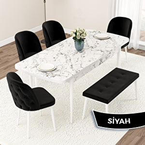 Jae Serisi 80x132 Açılabilir Beyaz Mermer Desen Mutfak Masası Takımı Ve 4 Siyah Sandalye Ve 1 Bench Siyah