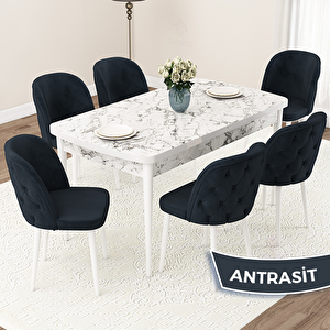 Jae Serisi 80x132 Açılabilir Beyaz Mermer Desen Mutfak Masası Takımı Ve 6 Antrasit Sandalye Antrasit