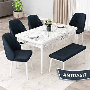 Orf Serisi 80x132 Açılabilir Beyaz Mermer Desen Mutfak Masası Takımı Ve 4 Antrasit Sandalye Ve 1 Bench Antrasit
